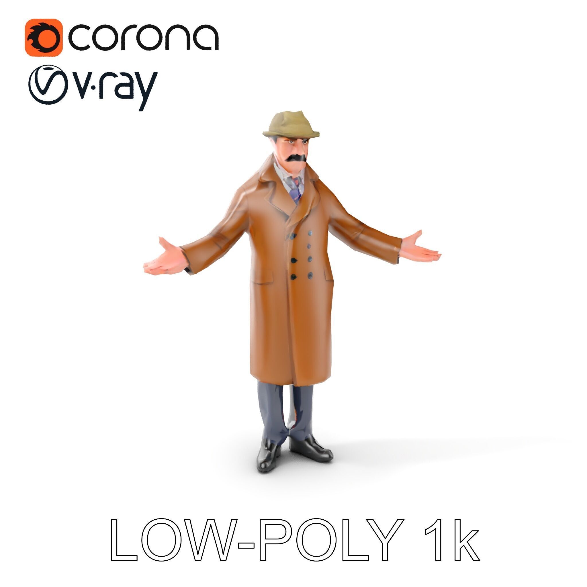 Detective Brown Coat Character Low Mid and High Poly D Model Low-poly 3D model_10