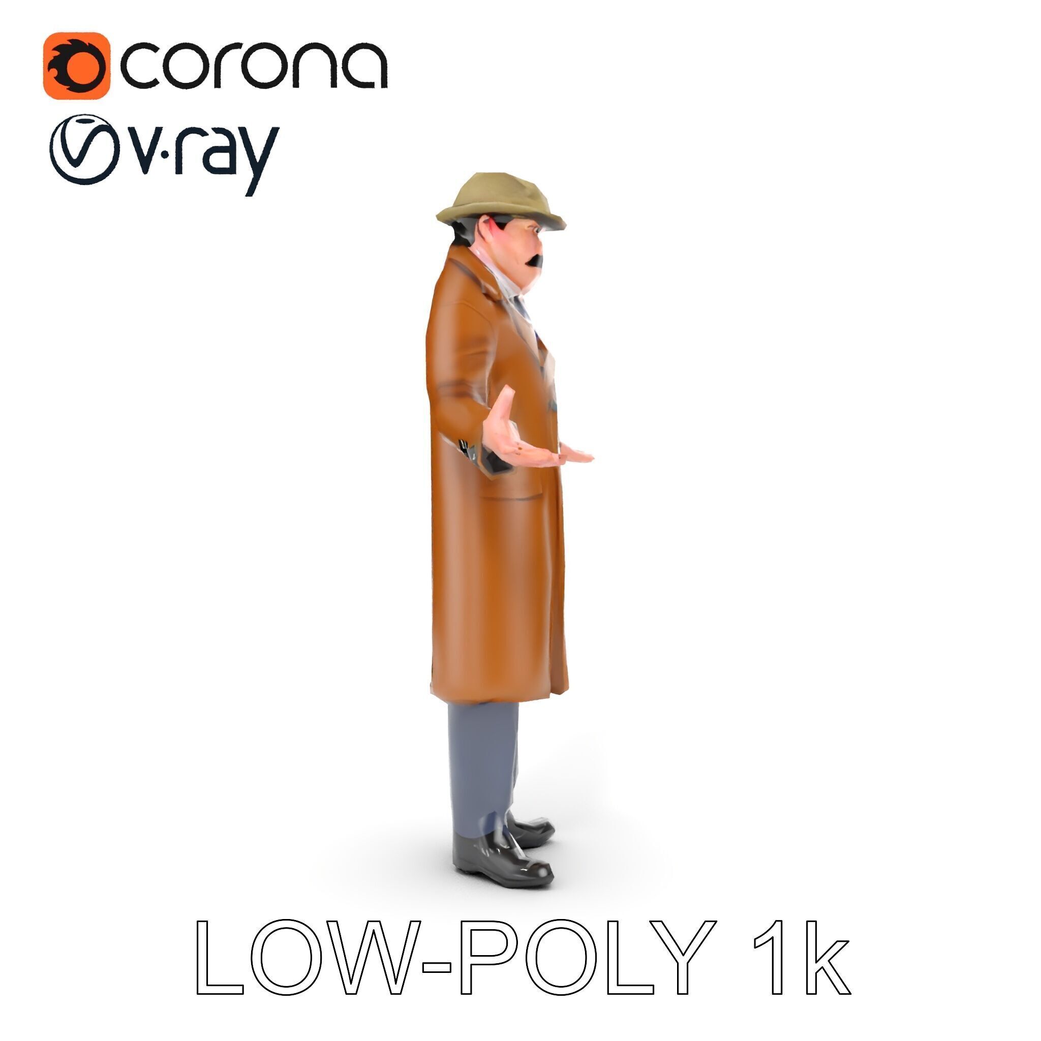 Detective Brown Coat Character Low Mid and High Poly D Model Low-poly 3D model_15