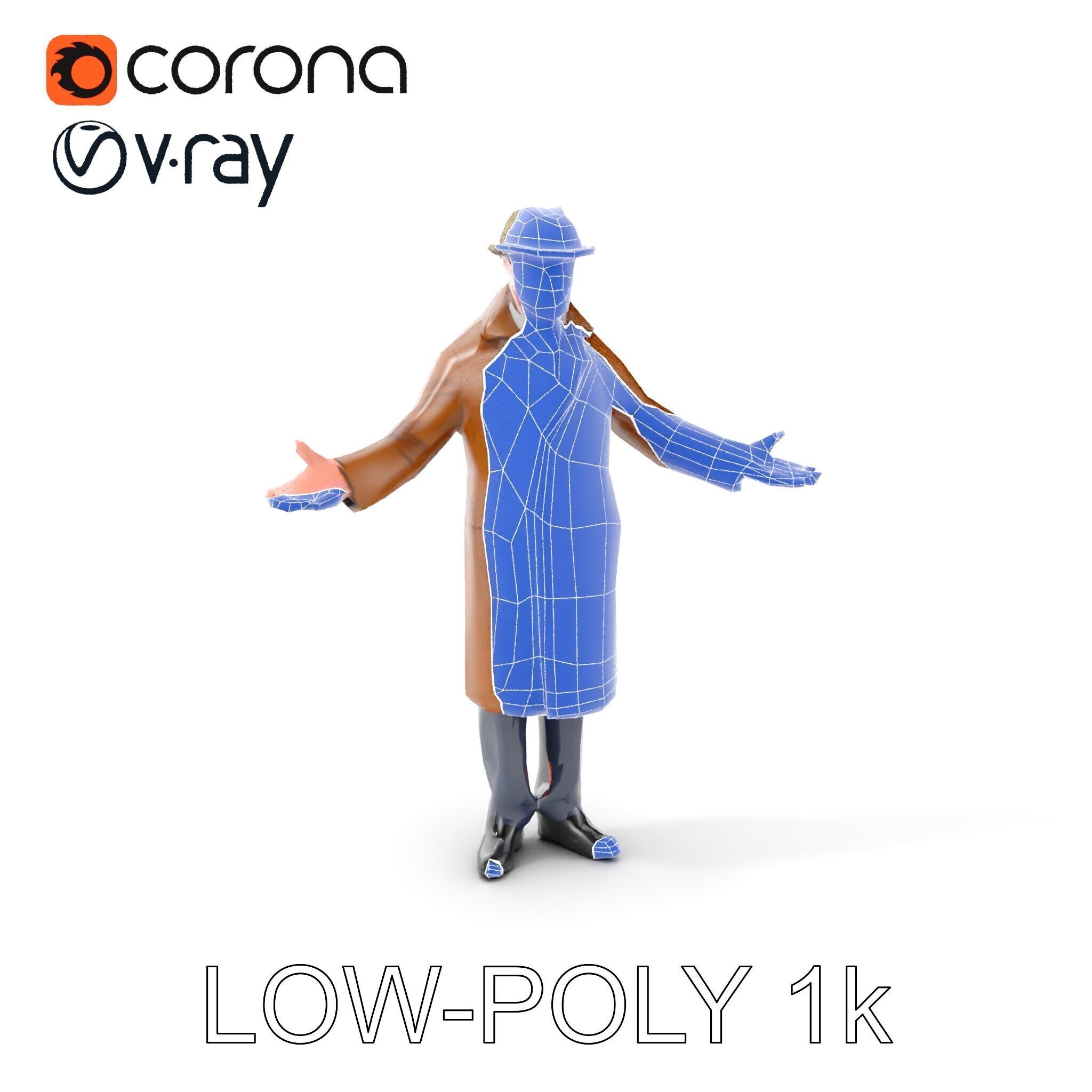 Detective Brown Coat Character Low Mid and High Poly D Model Low-poly 3D model_12