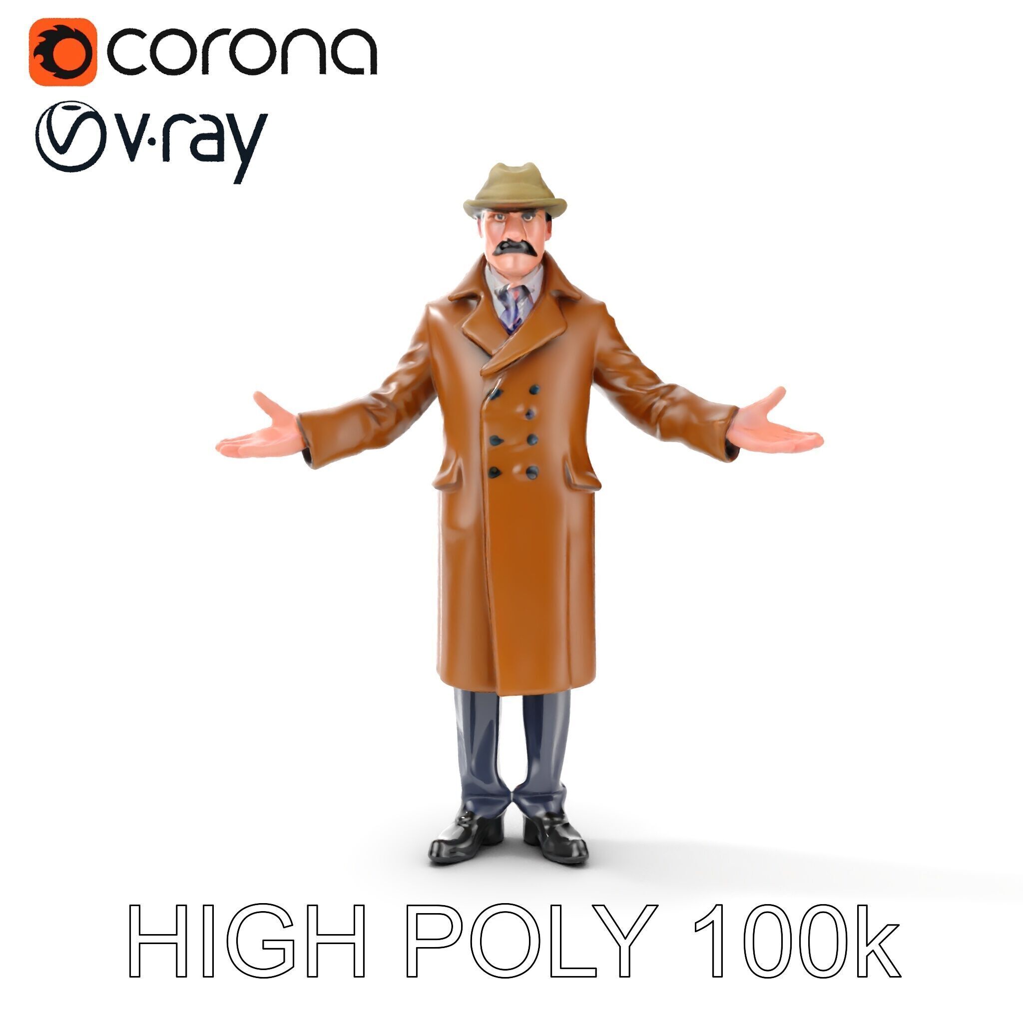 Detective Brown Coat Character Low Mid and High Poly D Model Low-poly 3D model_13
