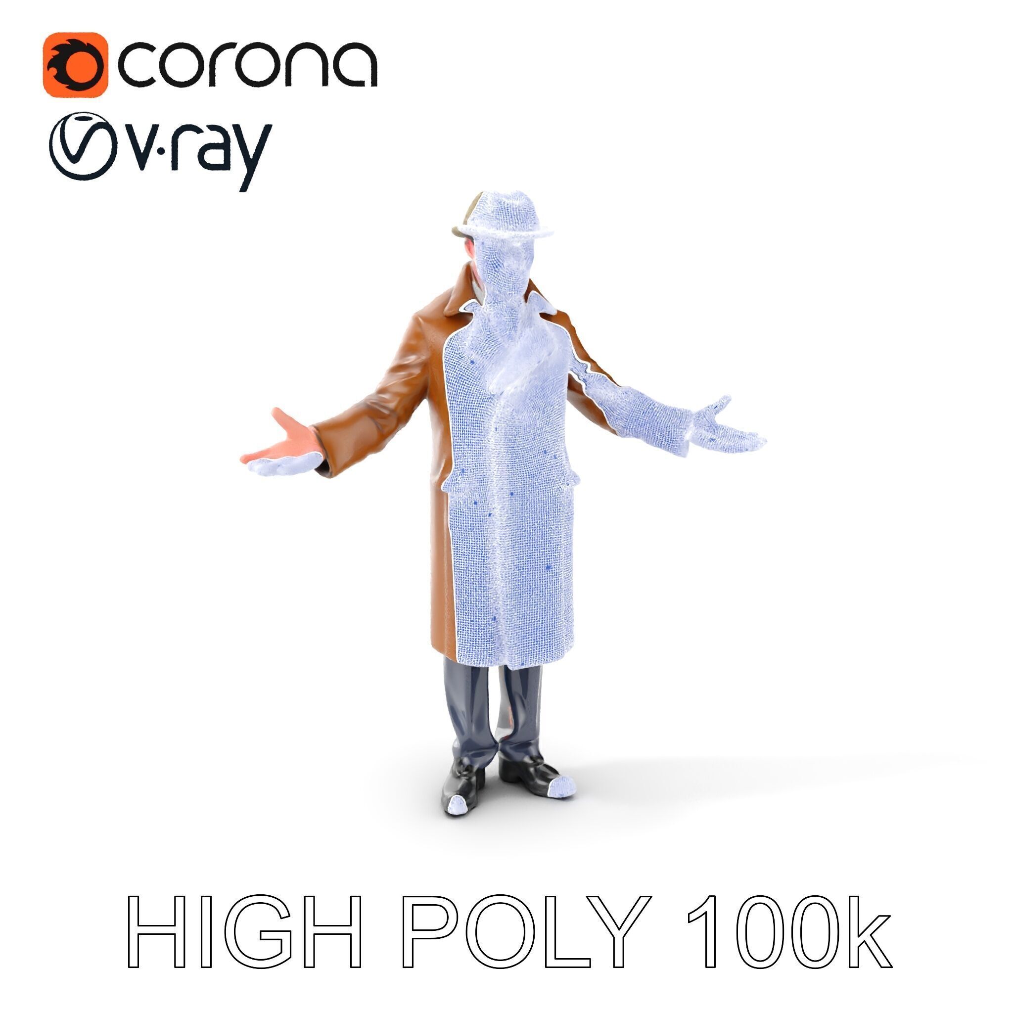 Detective Brown Coat Character Low Mid and High Poly D Model Low-poly 3D model_4