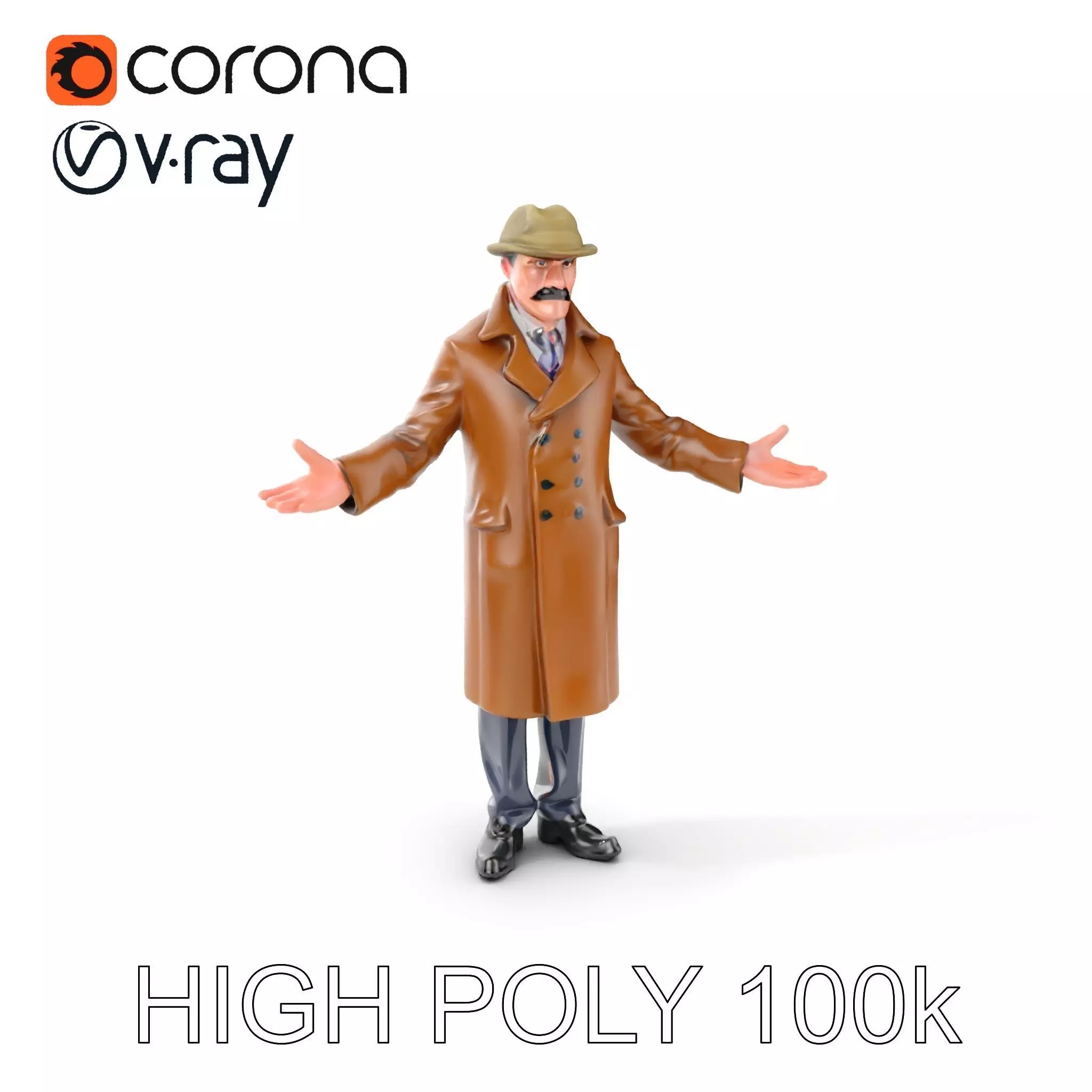 Detective Brown Coat Character Low Mid and High Poly D Model Low-poly 3D model_0
