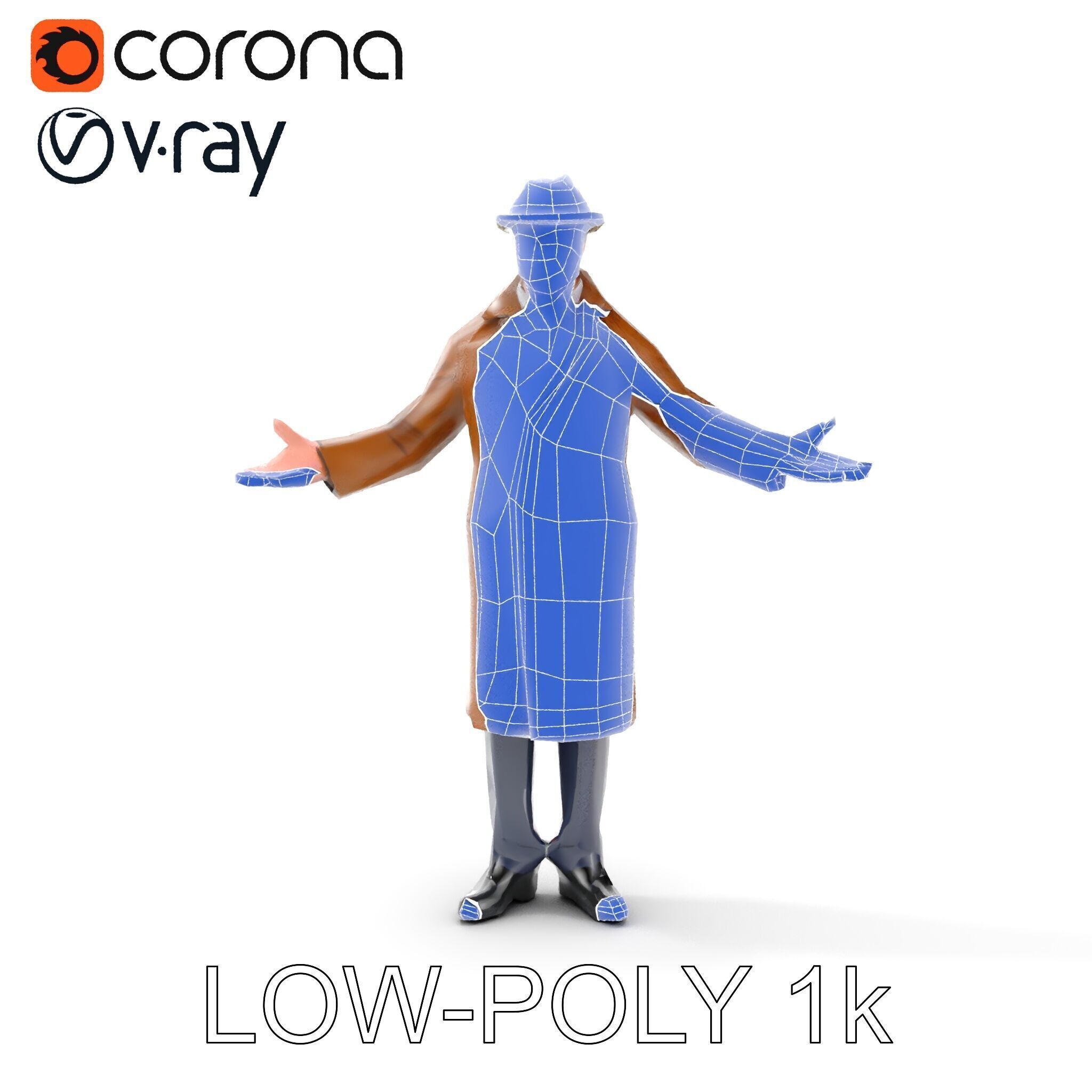 Detective Brown Coat Character Low Mid and High Poly D Model Low-poly 3D model_7
