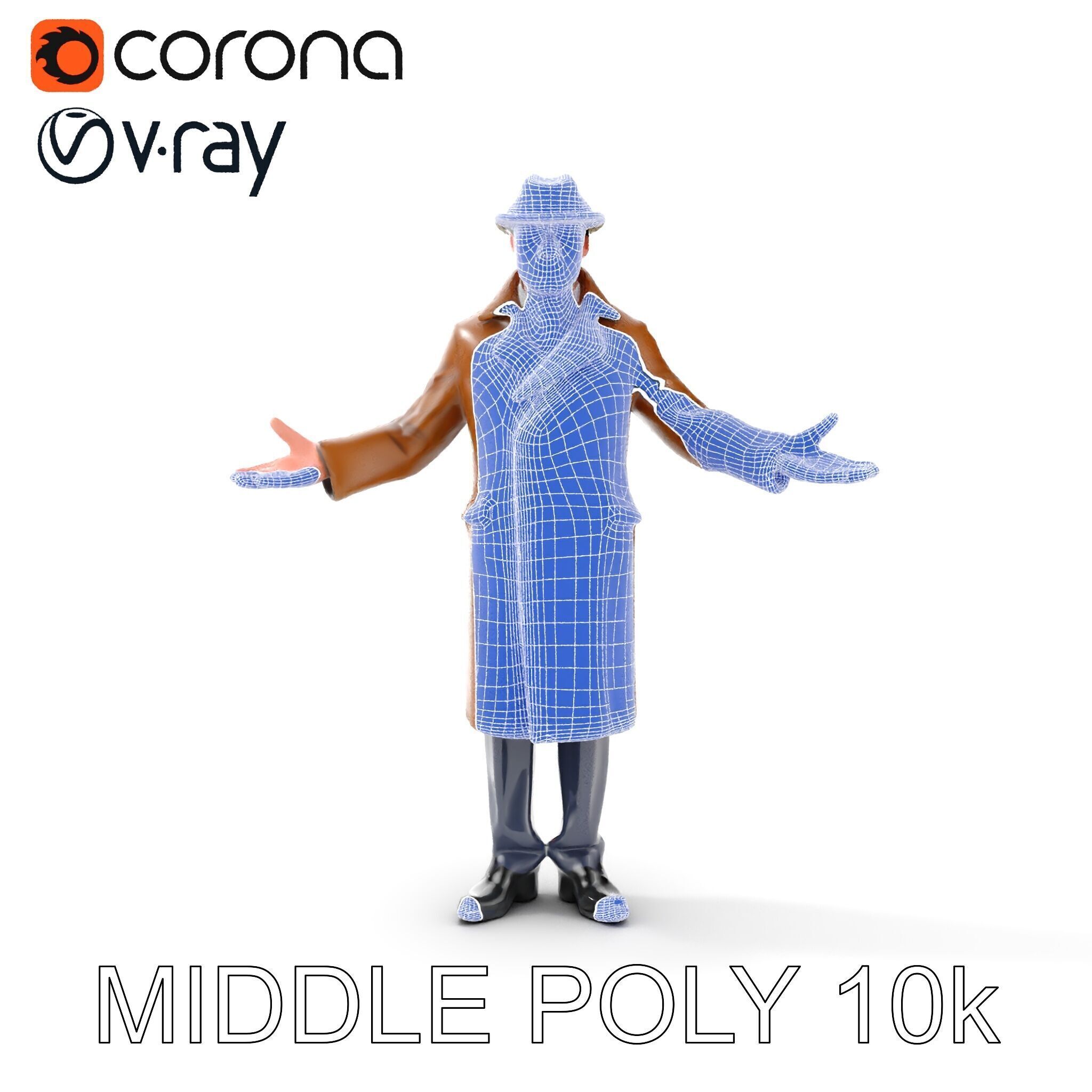 Detective Brown Coat Character Low Mid and High Poly D Model Low-poly 3D model_14
