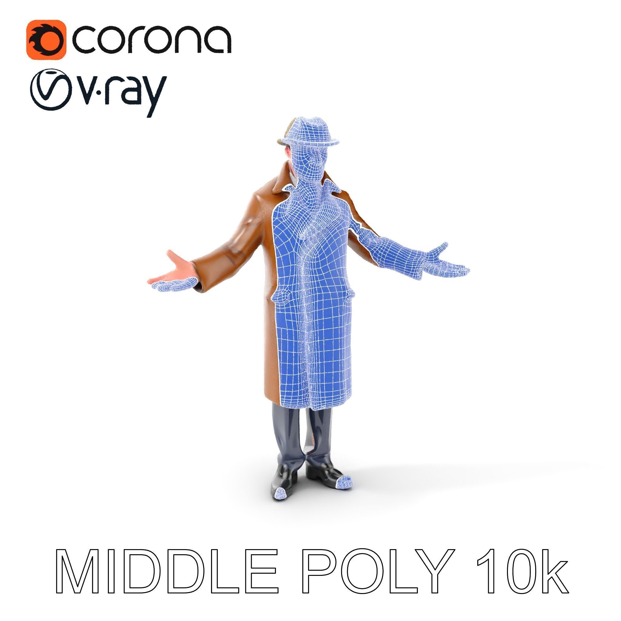 Detective Brown Coat Character Low Mid and High Poly D Model Low-poly 3D model_33