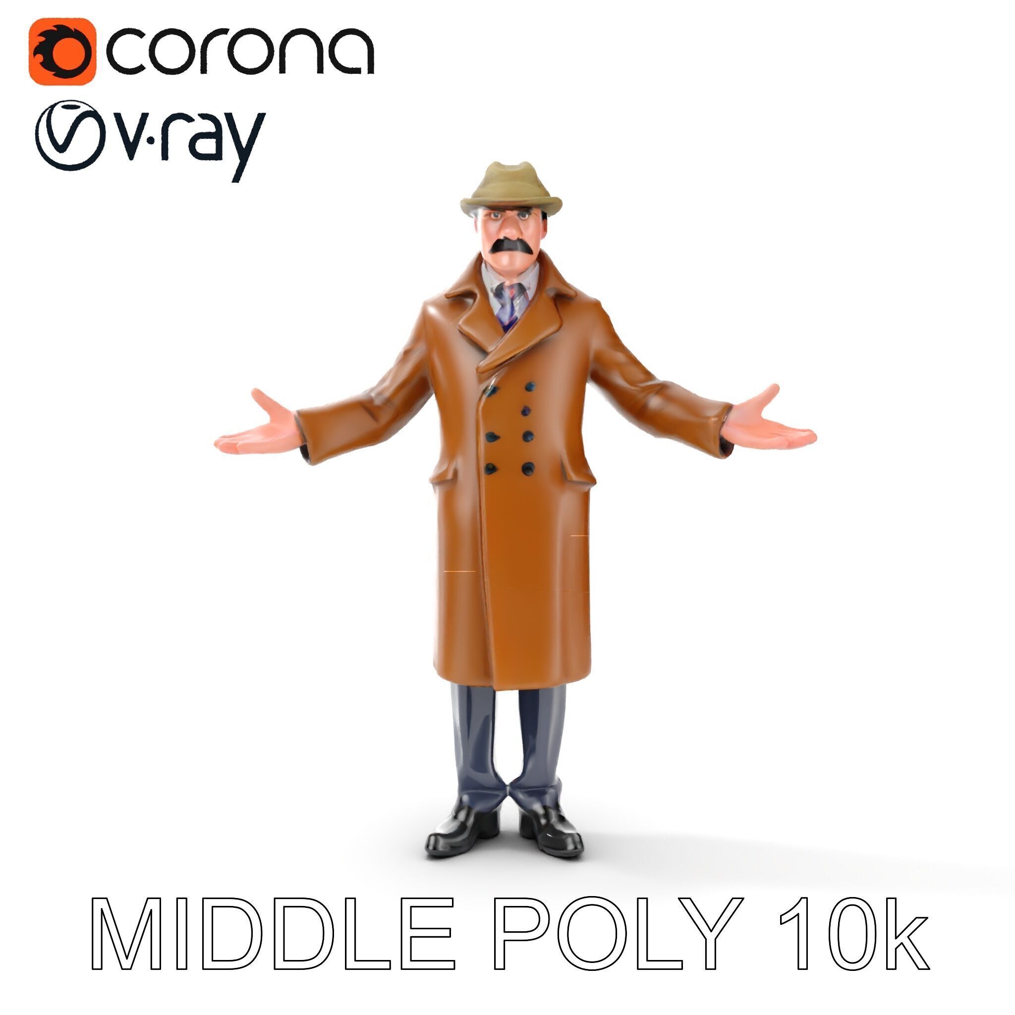 Detective Brown Coat Character Low Mid and High Poly D Model Low-poly 3D model_17