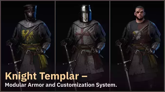 Knight 3 Templar - Modular model and Customization system Low-poly 3D model