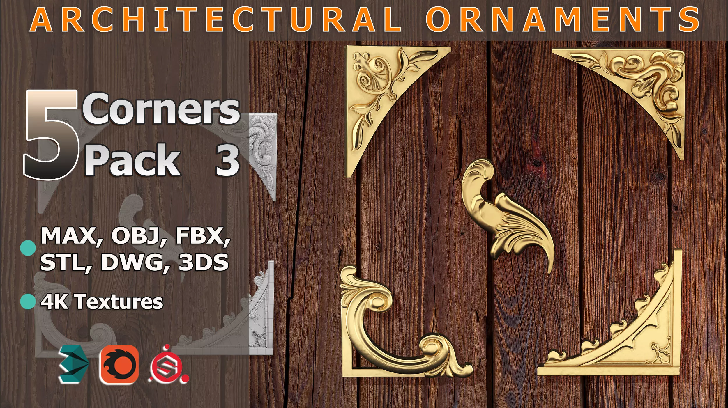 Ornamental Corner Set- Vol03 - Clean Quad Mesh - 4k PBR Textures 3D model_0