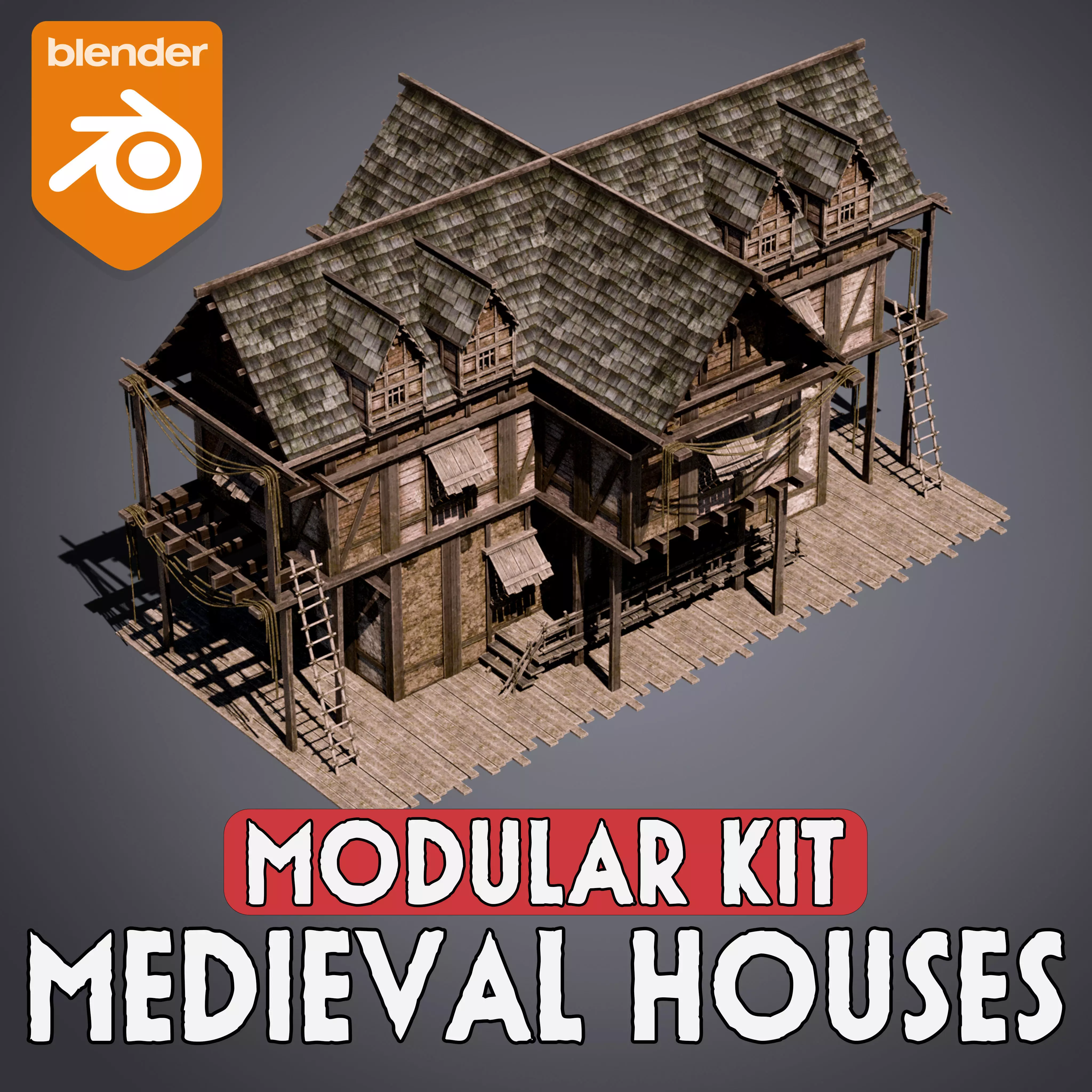 Medieval Houses Modular Kit Low-poly 3D model_0