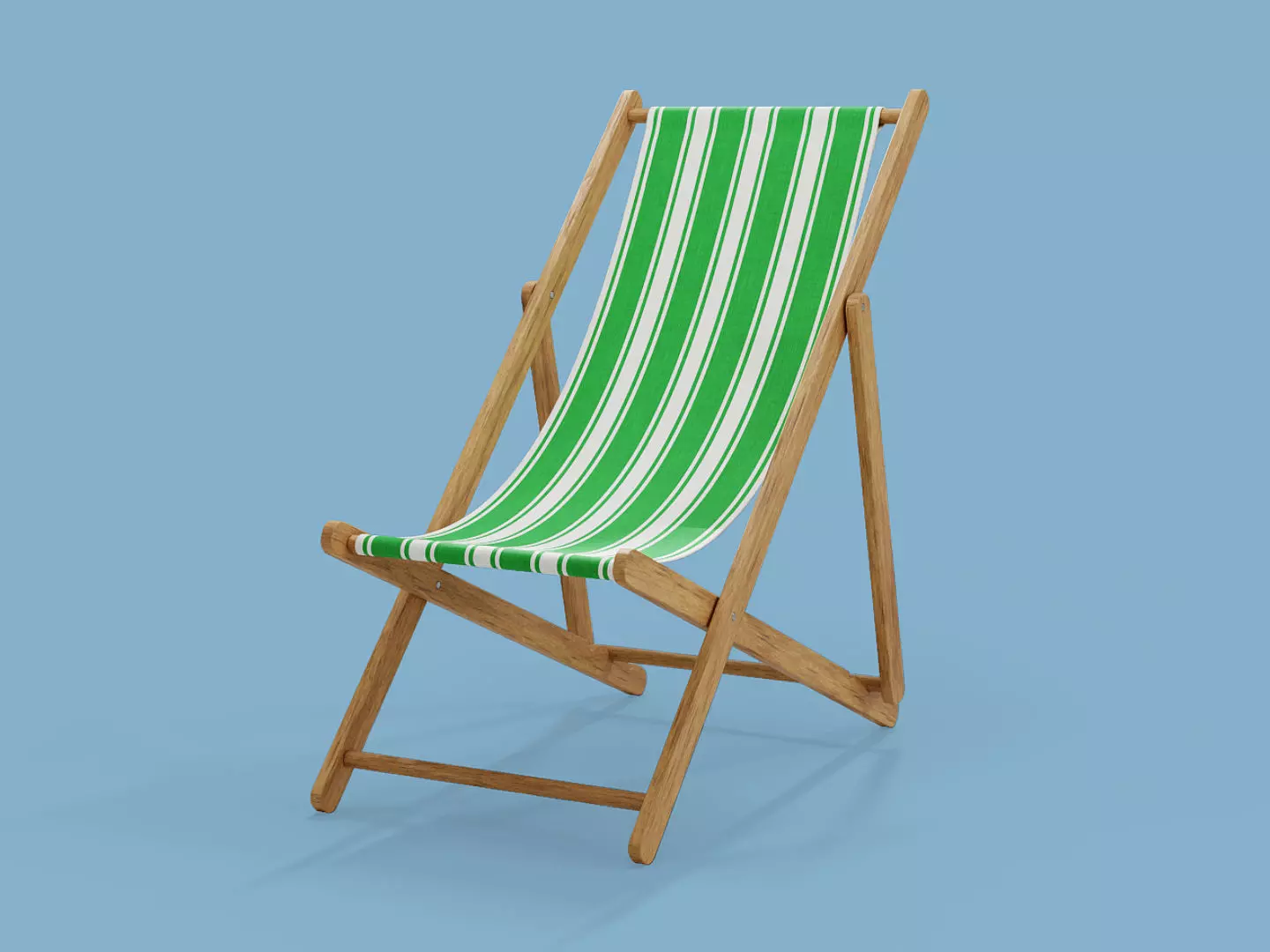 Wooden Folding Beach Chair with Green and White Striped Seat 3D model_0