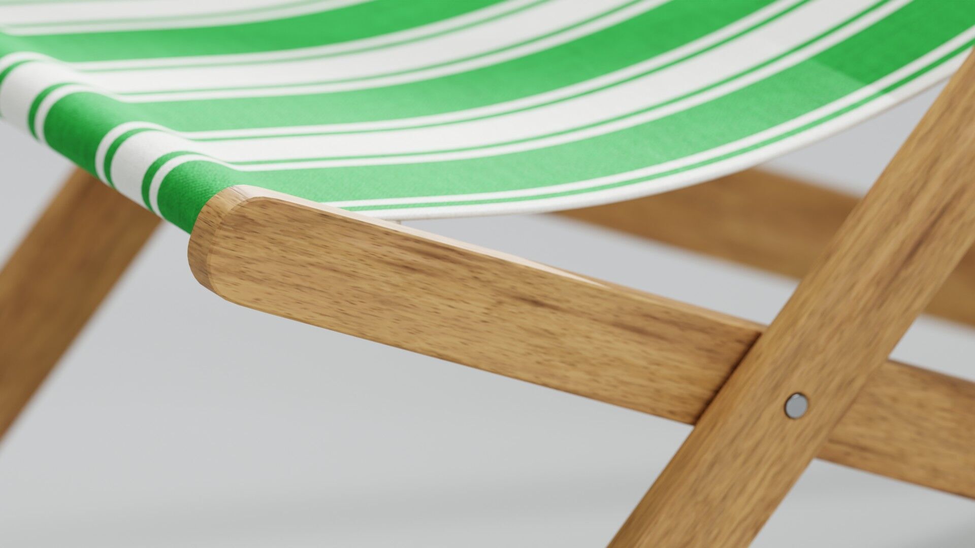 Wooden Folding Beach Chair with Green and White Striped Seat 3D model_9