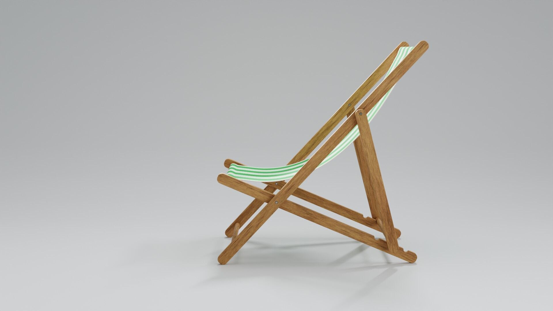 Wooden Folding Beach Chair with Green and White Striped Seat 3D model_3