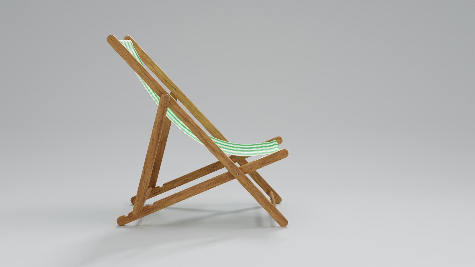 Wooden Folding Beach Chair with Green and White Striped Seat 3D model_5