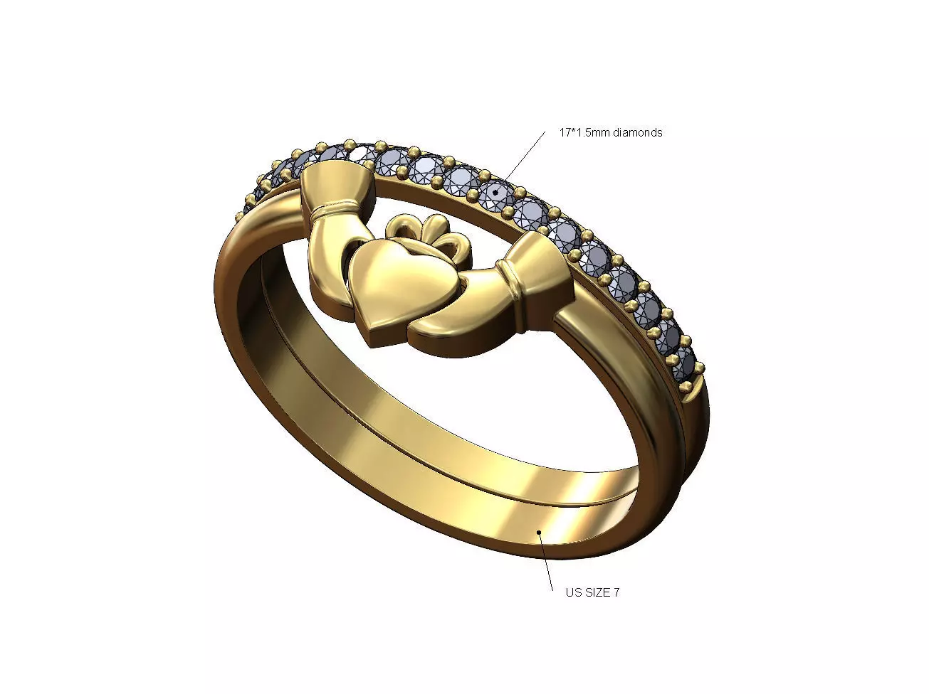 Claddagh heart guard half eternity diamond ring US size 7 3D print model