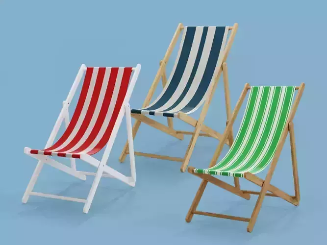 Three wooden folding beach chairs with striped seats 3D Model Collection