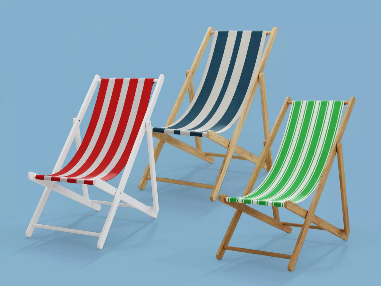 Three wooden folding beach chairs with striped seats 3D Model Collection_0