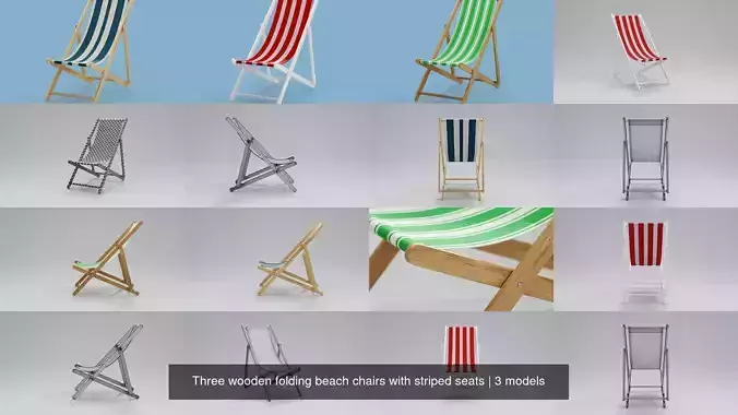 Three wooden folding beach chairs with striped seats