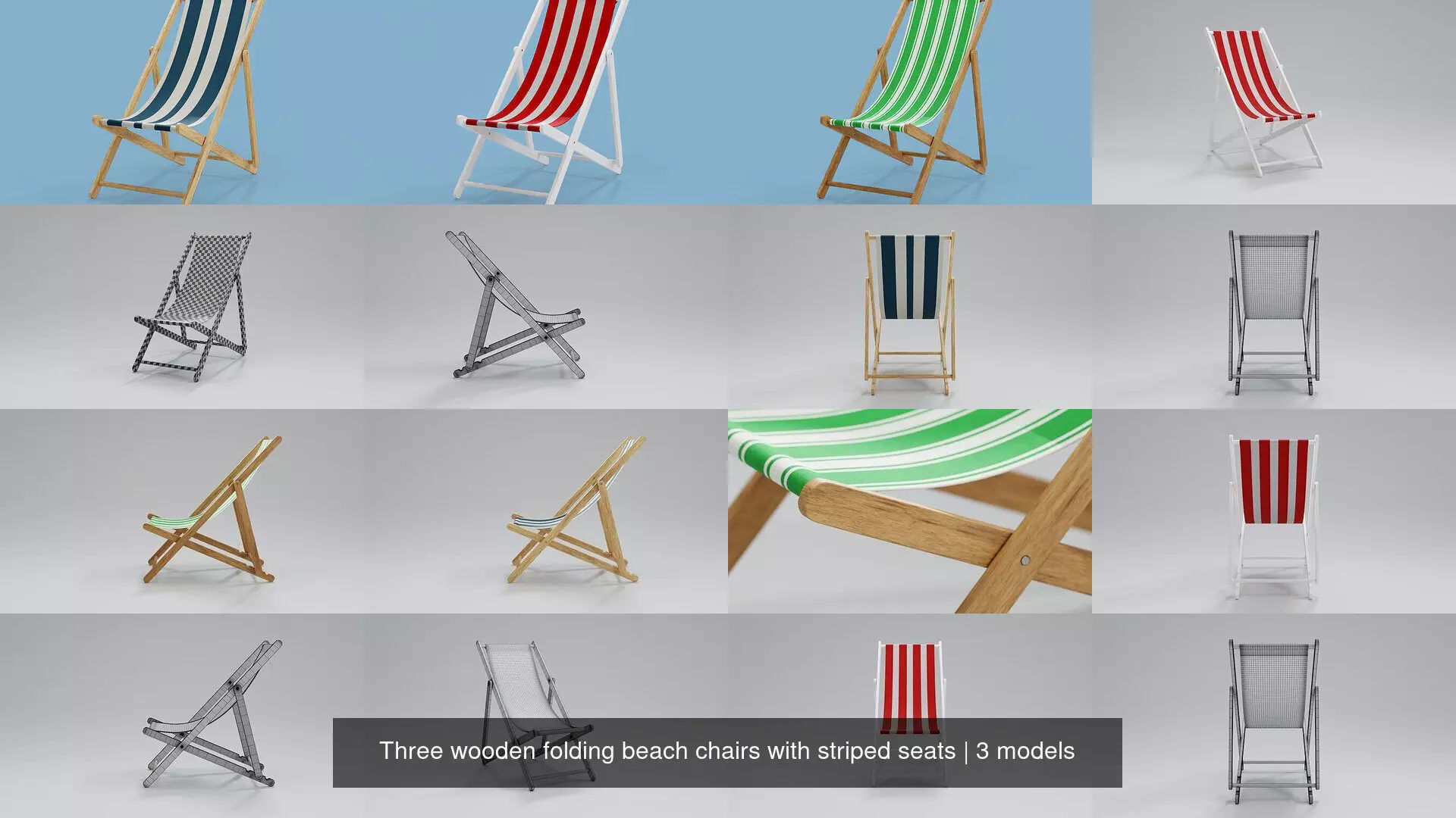 Three wooden folding beach chairs with striped seats 3D Model Collection_4
