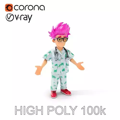 Colorful Animated Doctor with Pink Hair and Glasses Low-poly 3D model