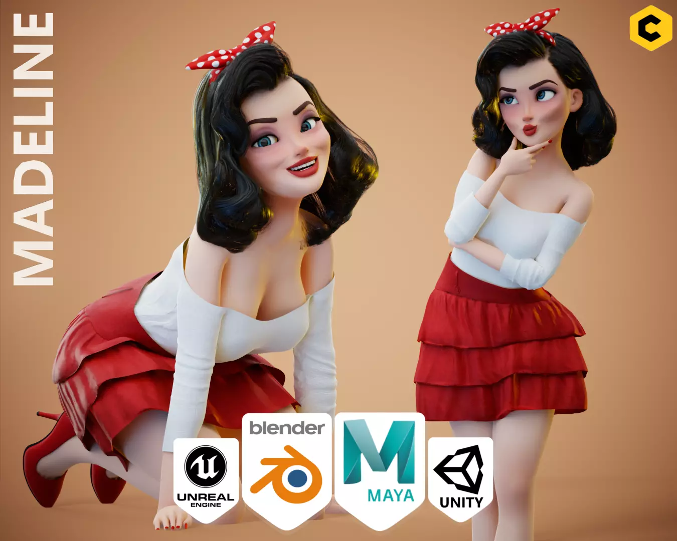 Game Pin up Stylized Girl Character rigged - Madeline Low-poly 3D model