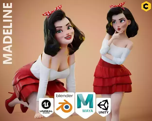 Game Sexy Pin up Stylized Girl Character rigged - Madeline Low-poly 3D model