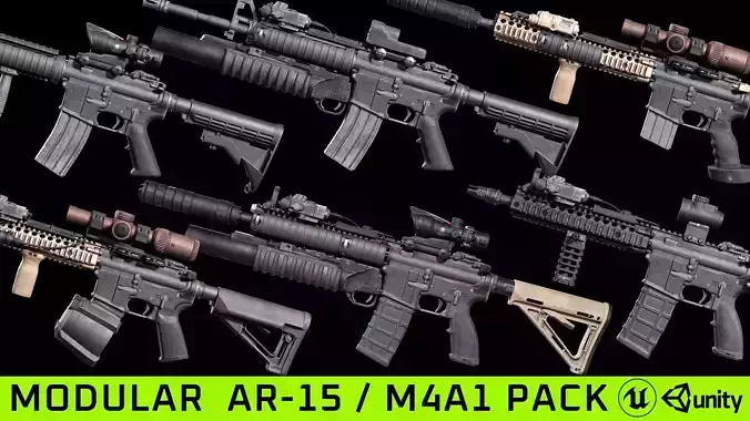 Modular M4A1  AR15 pack low poly game ready Low-poly 3D model