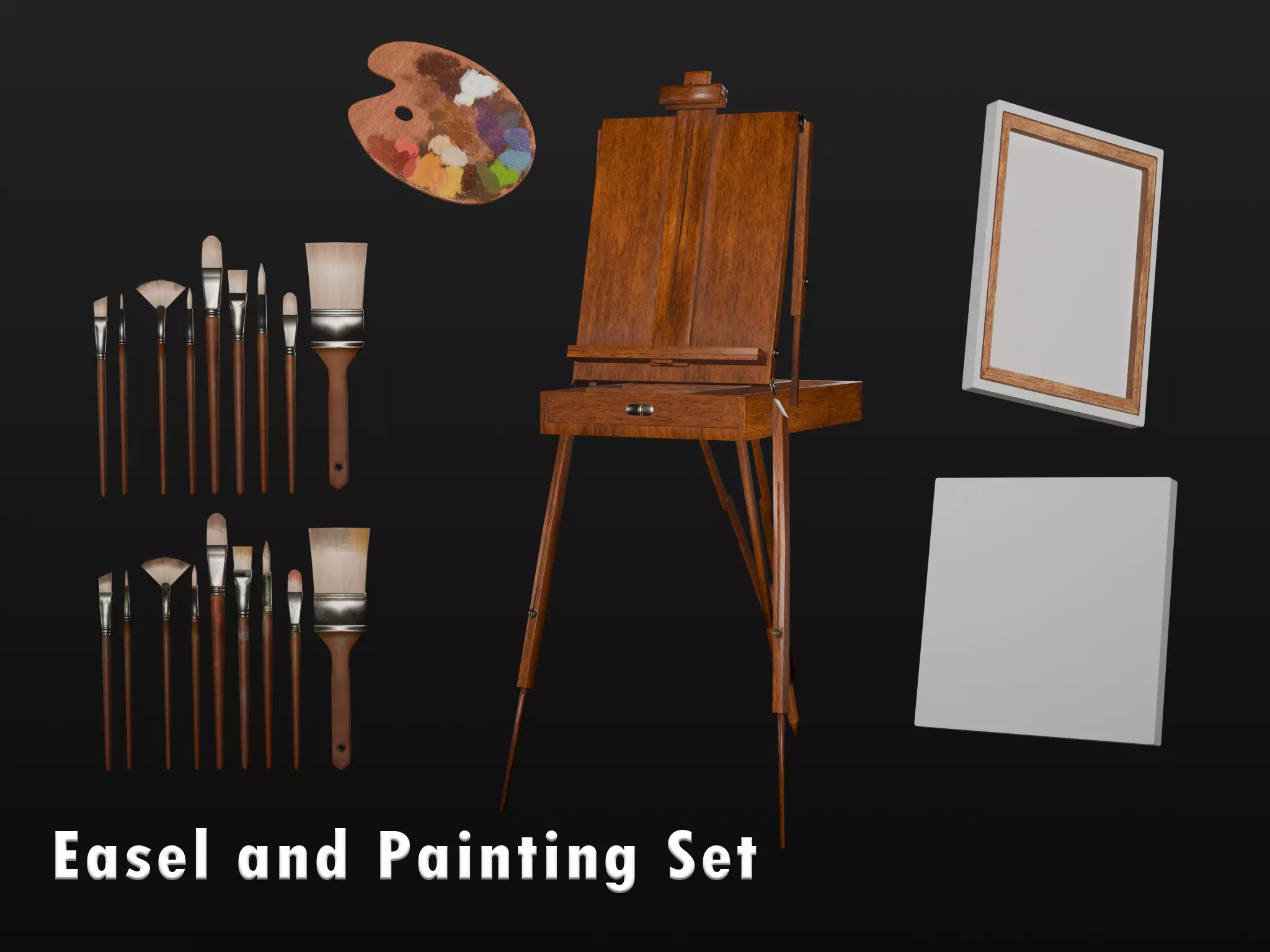 Easel and Painting Set Low-poly 3D model_0