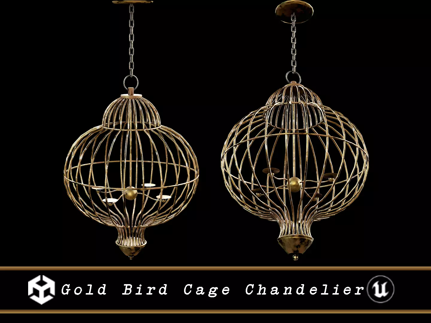 Gold Bird Cage Chandelier Low-poly 3D model