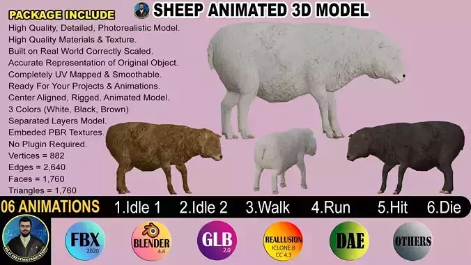 SHEEP ANIMATED 6 COLORS 3 Low-poly 3D model
