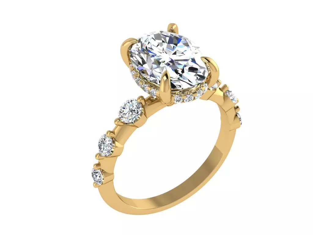 Oval Solitaire ring with under halo 3 stone on side 3D print model_0