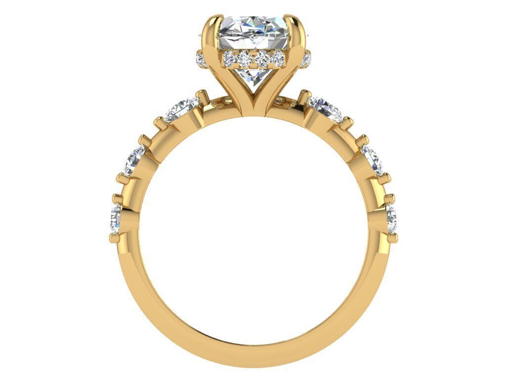 Oval Solitaire ring with under halo 3 stone on side 3D print model_1