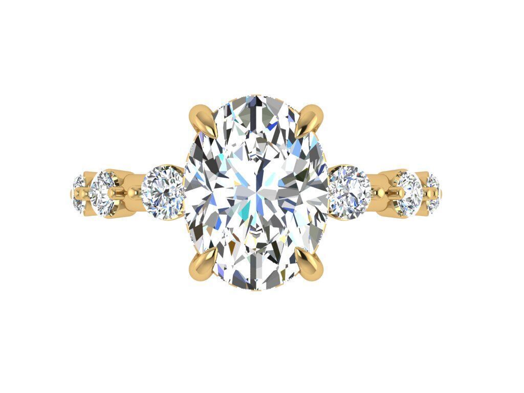 Oval Solitaire ring with under halo 3 stone on side 3D print model_2