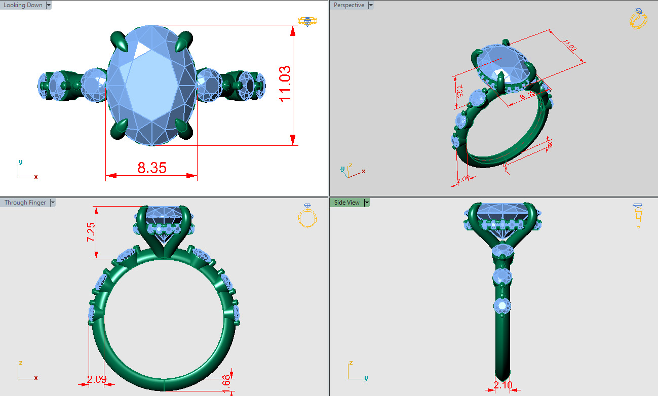 Oval Solitaire ring with under halo 3 stone on side 3D print model_4