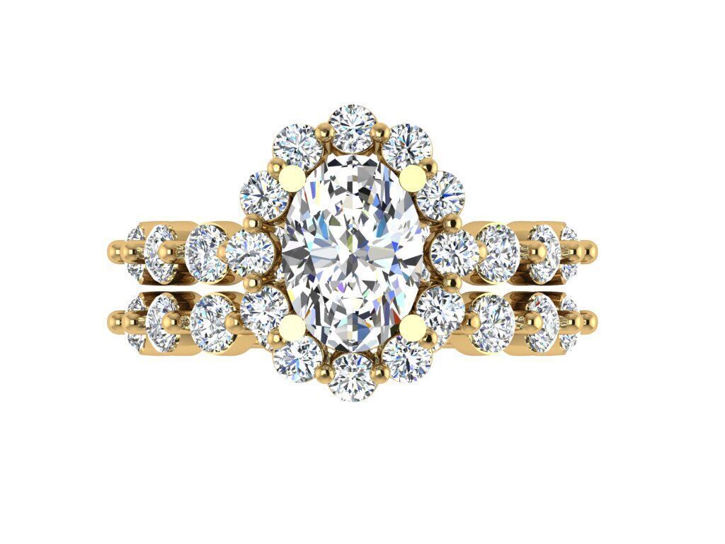 Oval solitare with halo with matching weeding band 3D print model_2