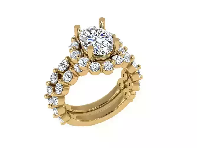 Oval solitare with halo with matching weeding band