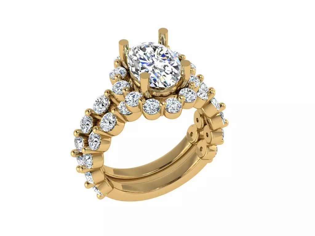 Oval solitare with halo with matching weeding band 3D print model_0