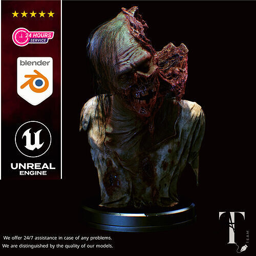 Zombie Head Bust - Detailed Horror Sculpture Low-poly 3D model