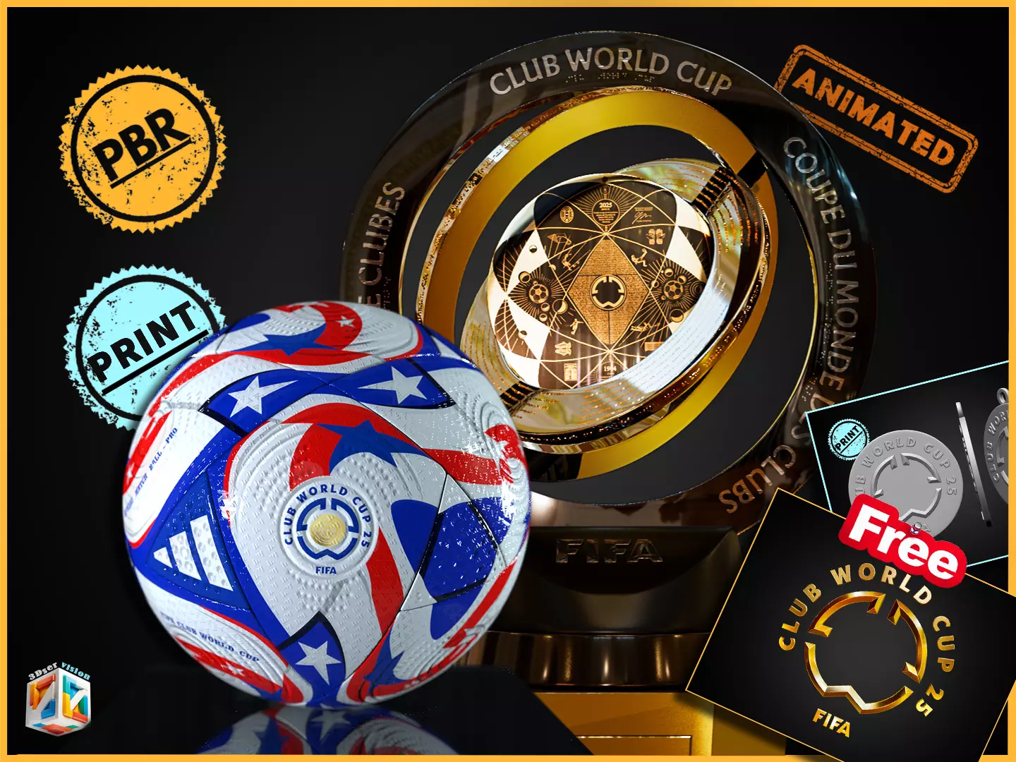 FIFA Clubs World Cup 2025 - Trophy and Ball-Logo and Emblem FREE 3D Model Collection_0