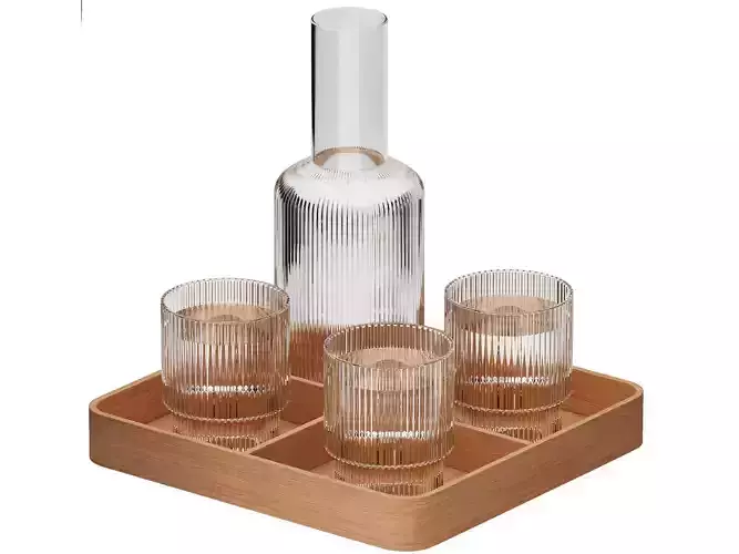 wooden tray of ripple water carafe and glasses 3D model