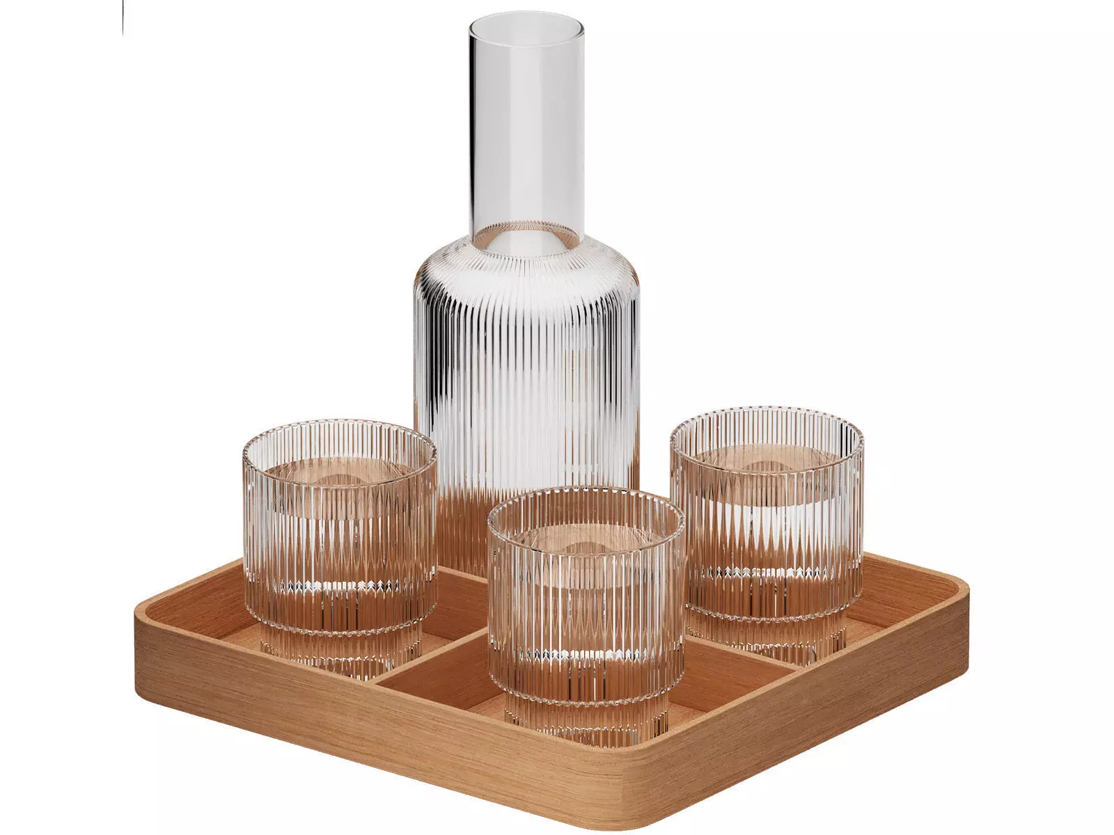 wooden tray of ripple water carafe and glasses 3D model