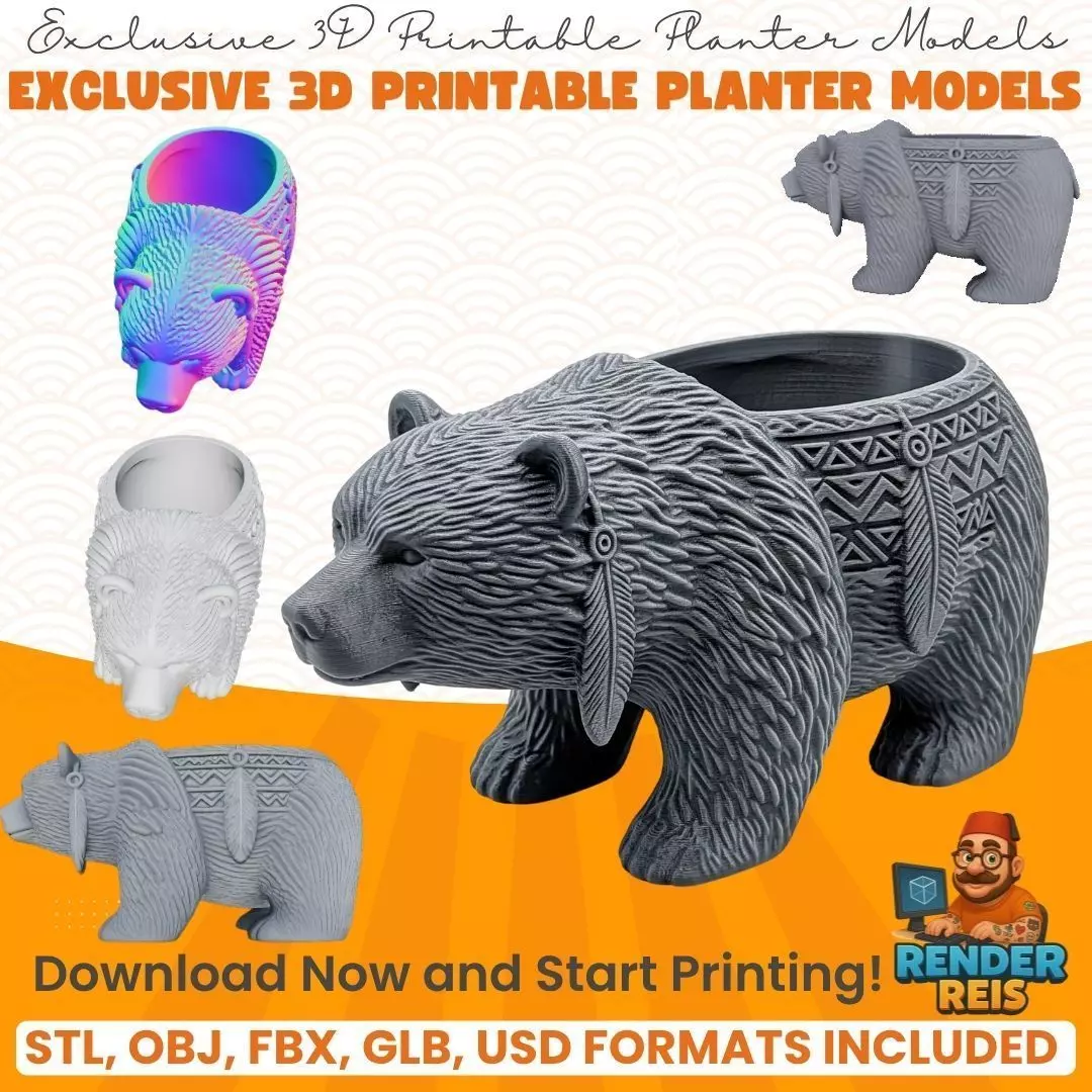 Bear Planter Native American Inspired 3D Print Object 3D model_0