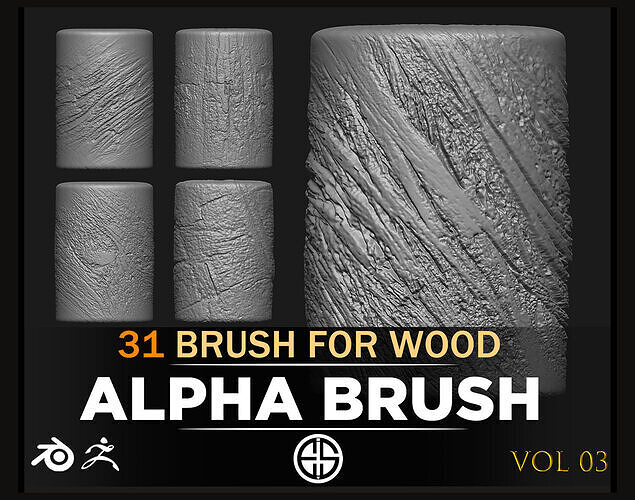 31 Wood Brush-Alpha Pack- Wood Alpha Brushes-Vol 3 Texture