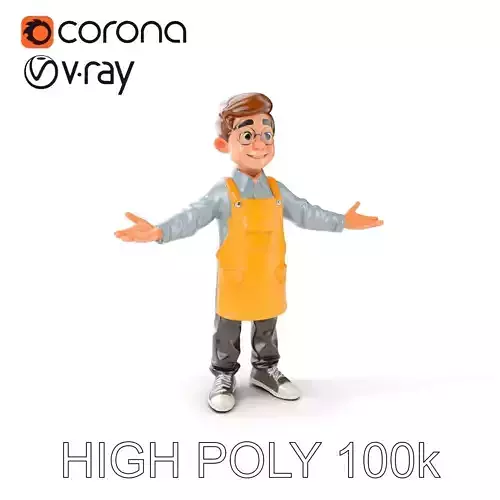 Charming Young Vendor D Character Model with Apron and Glasses