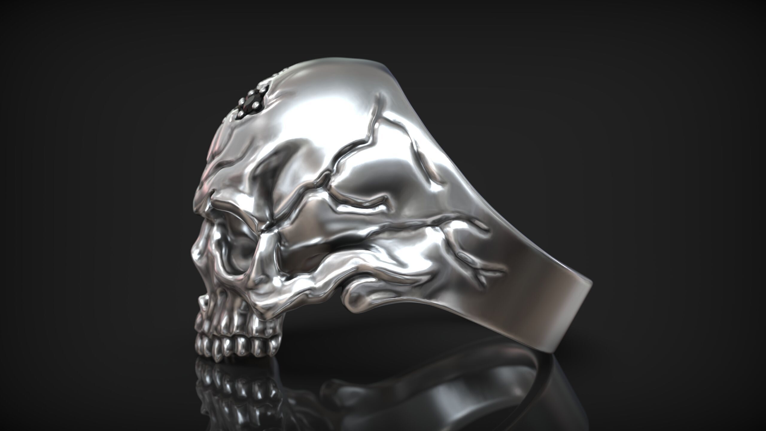 Skull Head Gothic Cross Ring with Black Diamond 3D print model_4