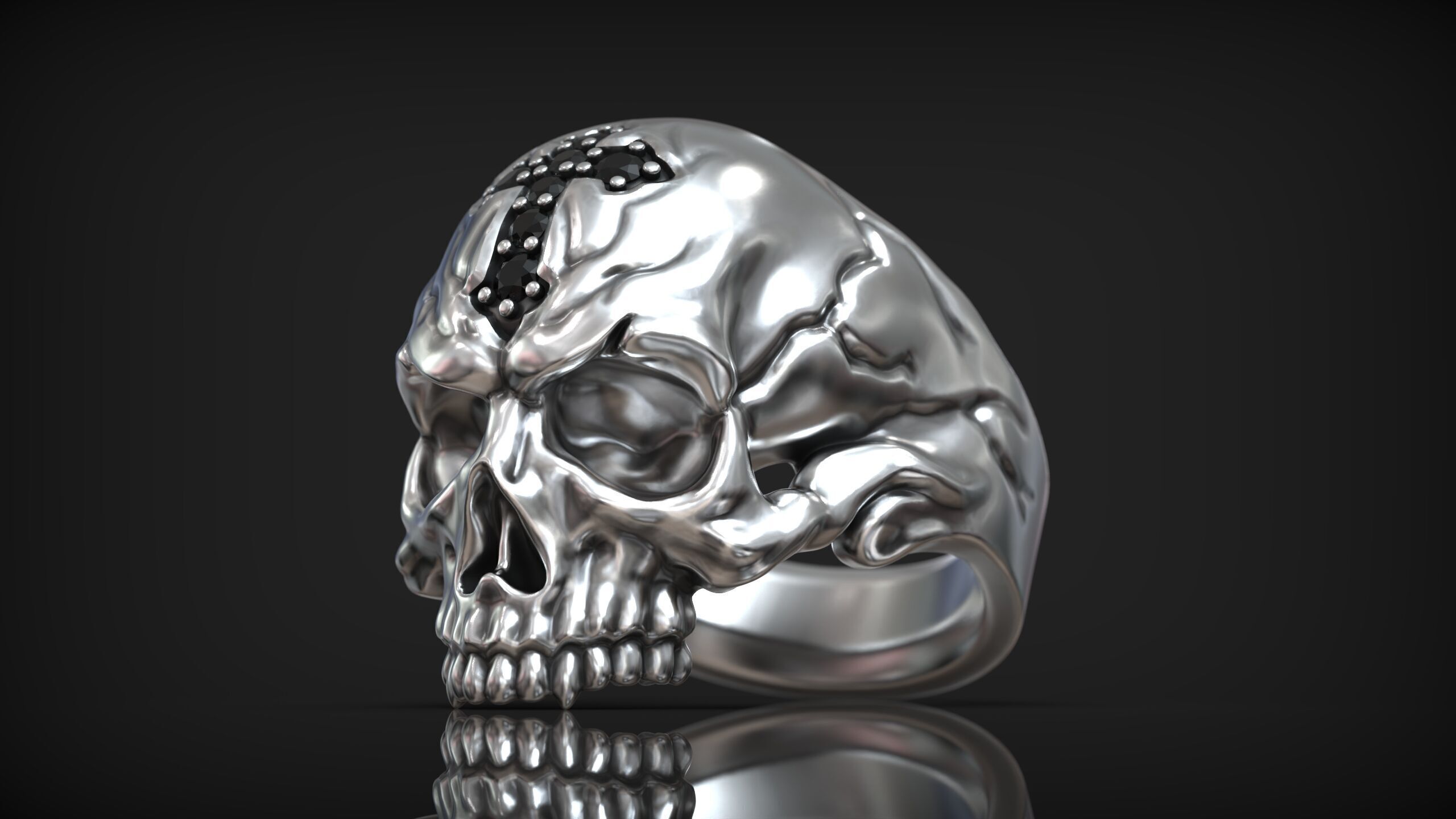Skull Head Gothic Cross Ring with Black Diamond 3D print model_6