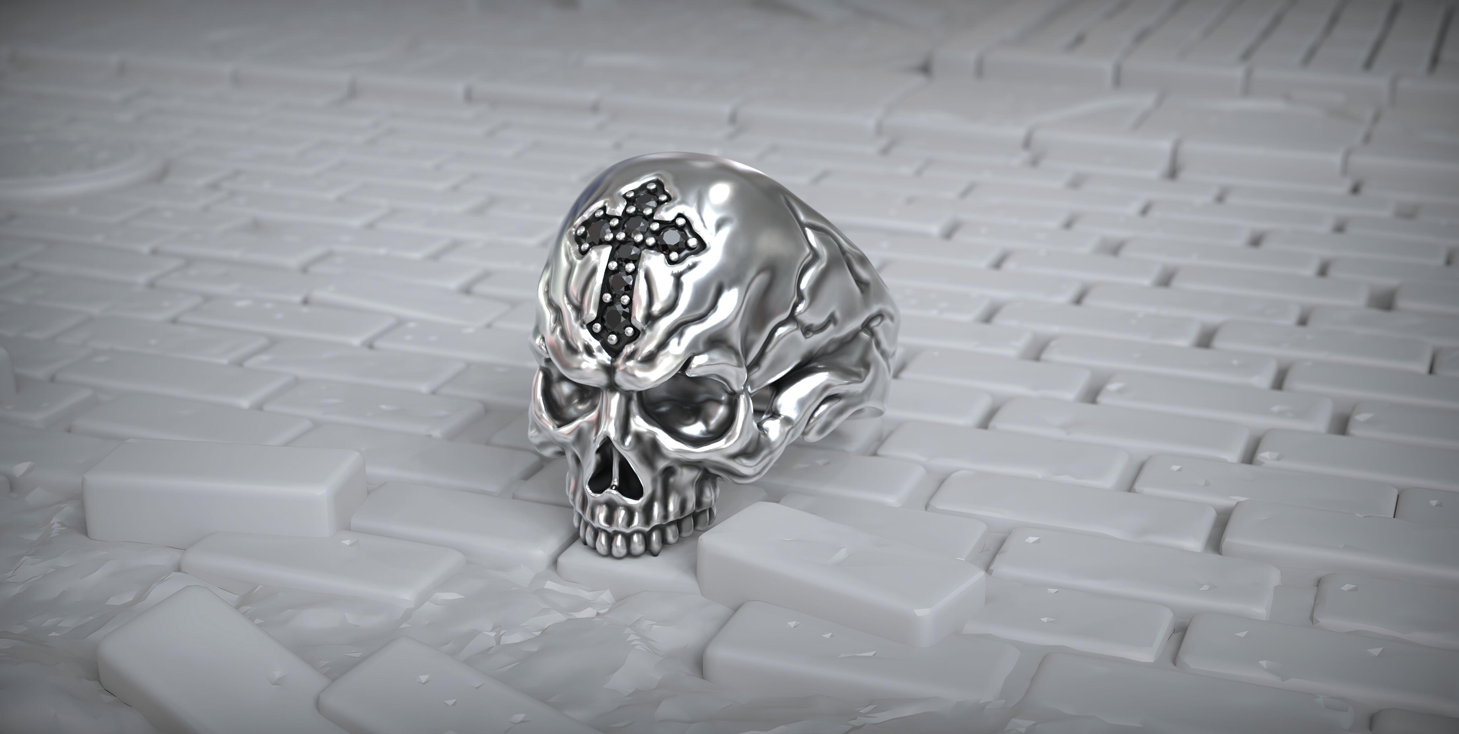 Skull Head Gothic Cross Ring with Black Diamond 3D print model_7