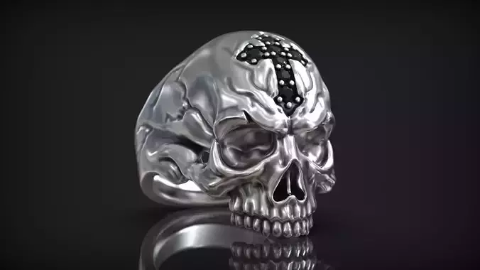 Skull Head Gothic Cross Ring with Black Diamond 3D print model
