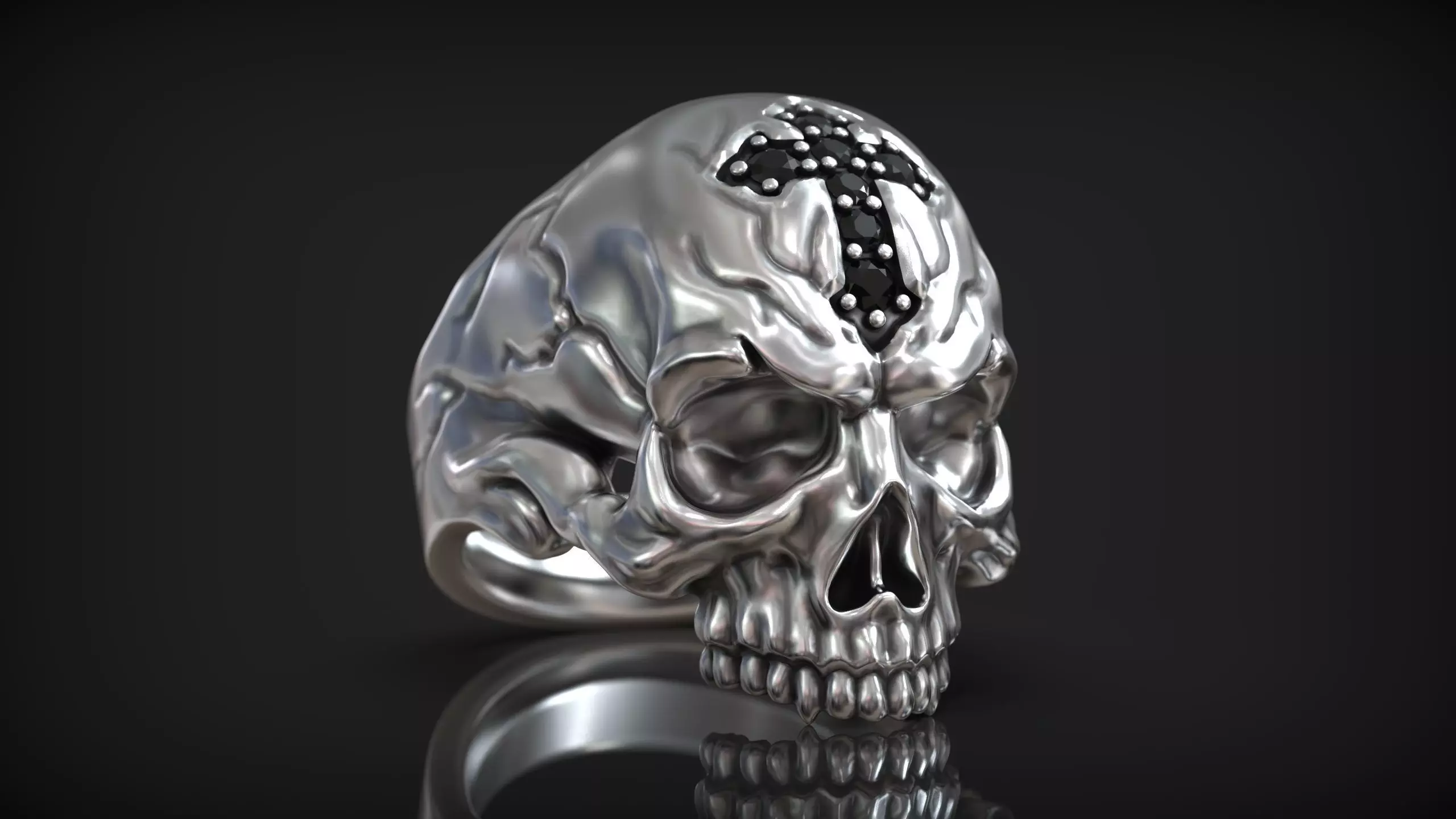Skull Head Gothic Cross Ring with Black Diamond 3D print model_0
