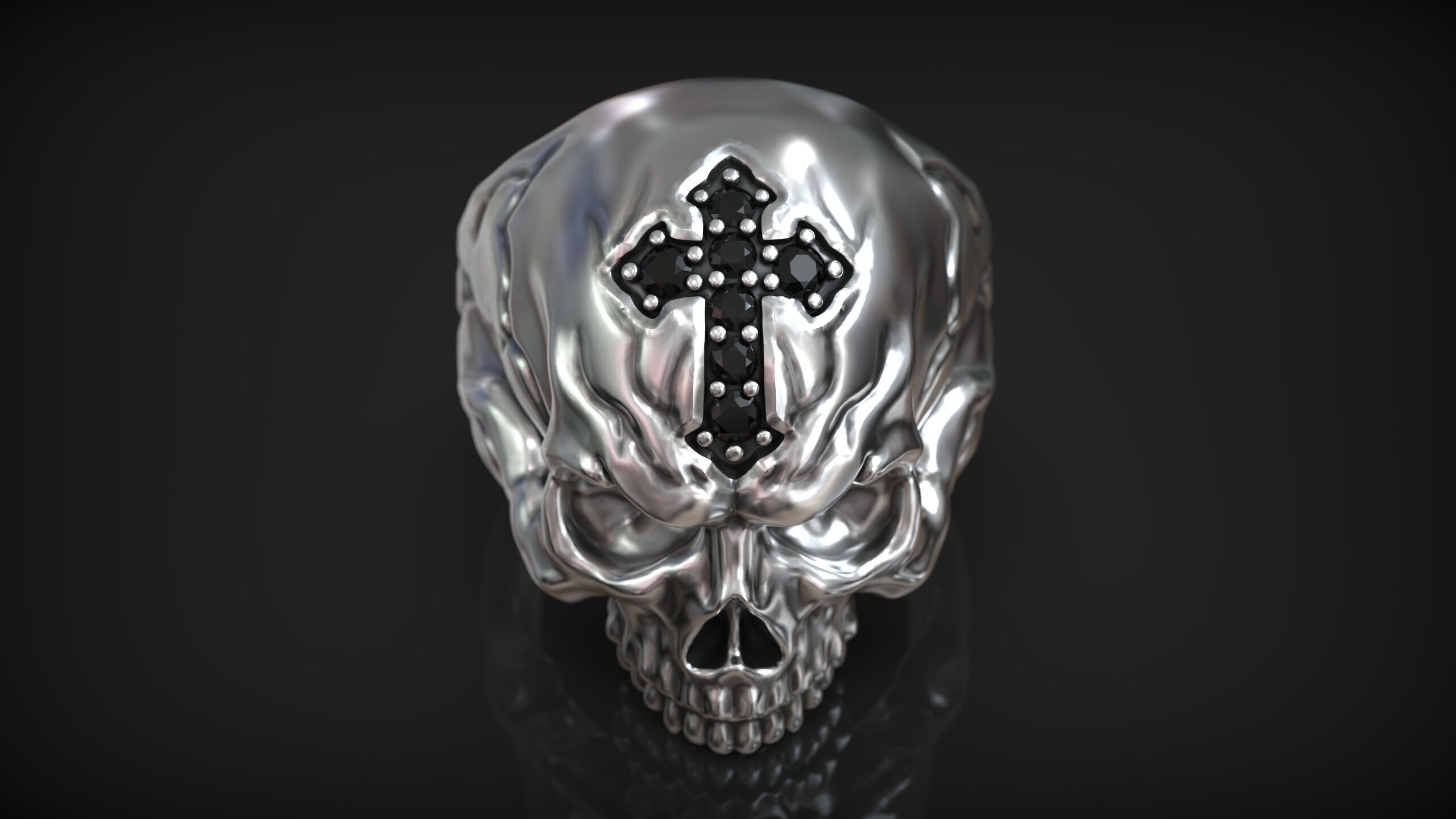 Skull Head Gothic Cross Ring with Black Diamond 3D print model_2