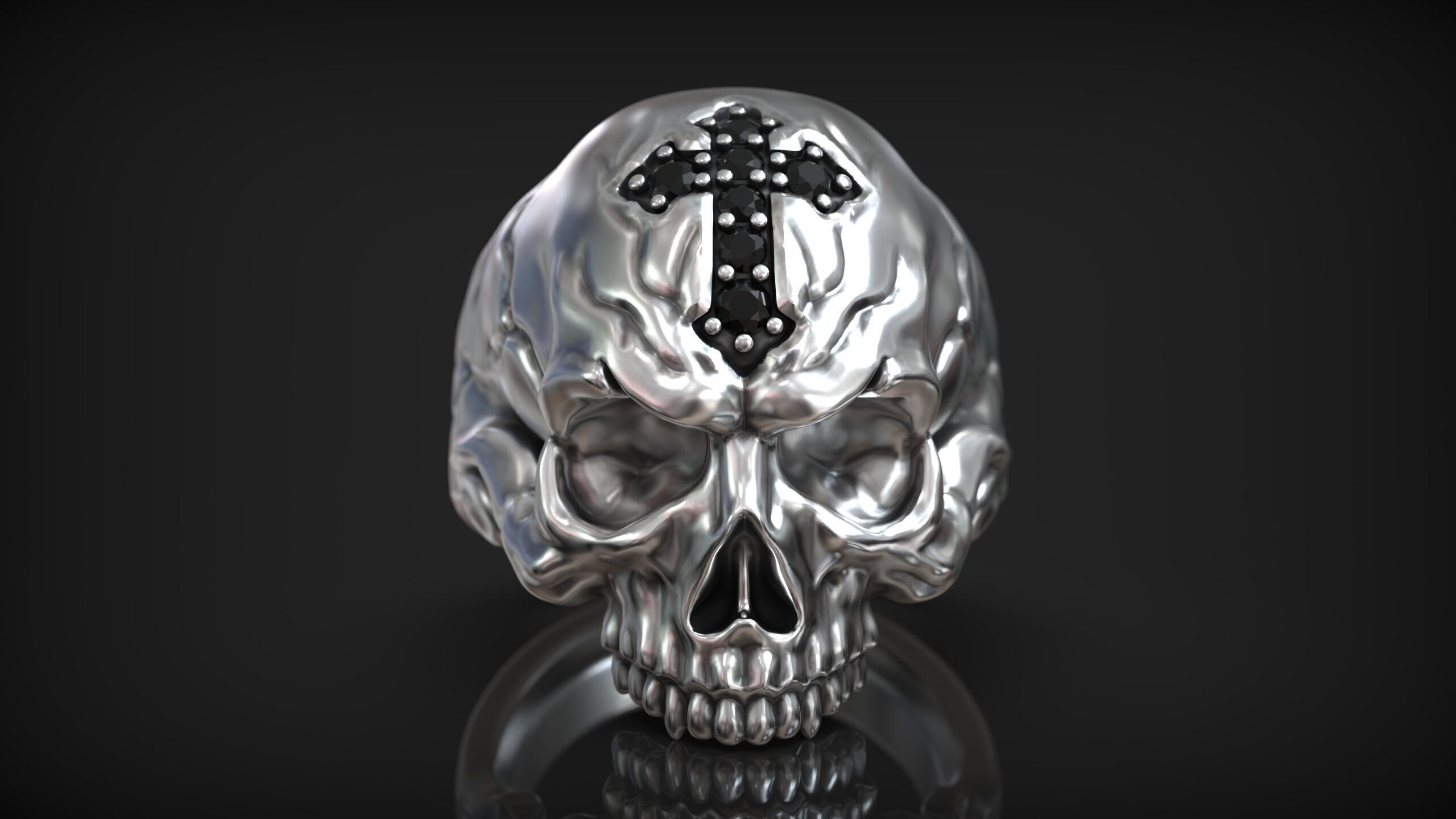 Skull Head Gothic Cross Ring with Black Diamond 3D print model_1